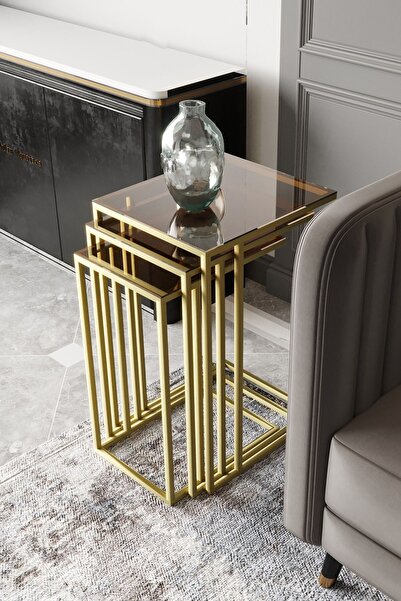 Dekoport Mira 3lü Zigon Sehpa Gold(ESKİTME) Bronz Cam C Sehpa - Yan Sehpa