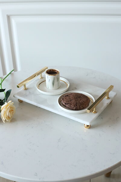 Akayev Mermer Beyaz Altın Boncuk Ayak Florya 30x19 Cm Tepsi, Nişan Söz Tepsis...