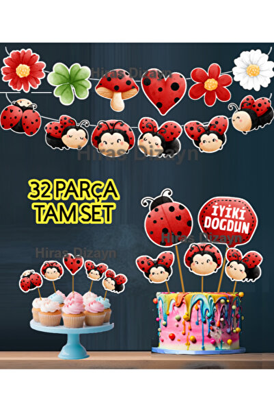 Hiras Dizayn 32 Parça Uğur Böceği Cocuklar icin Doğum Günü Seti Banner Pasta ...