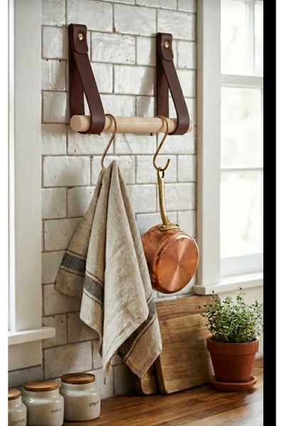 Bundera حامل مناشف للمطبخ والحمام من الجلد البني والخشب، منظم متعدد الأغراض