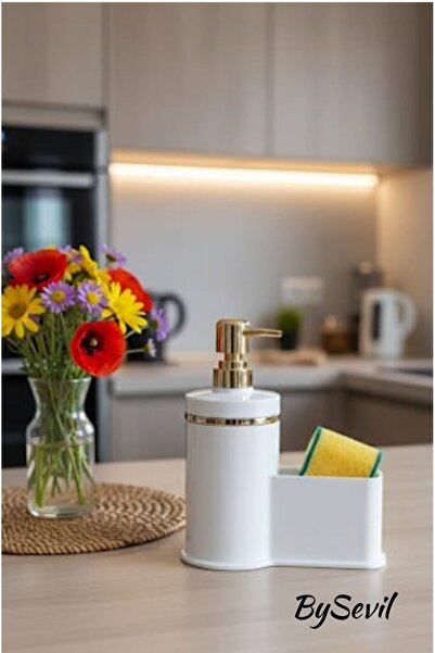 BySevil White Acrylic Liquid Soap Dispenser and Sponge Holder Set – Modern Ba...