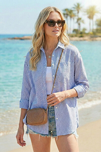 Lela قميص مخطط بأكمام طويلة وقصة عادية مع جيوب 6772895