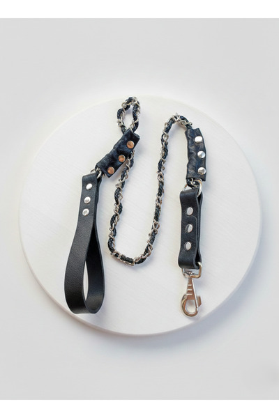 balkonda Dog Walking Leash Collar 2.5 cm Width Chain and Leather Black