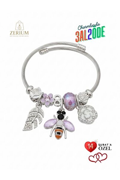 ZERİUM Modern Çelik Şık Kadın Charm Bileklik Arı ve Çiçekler