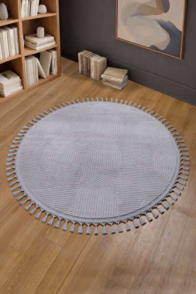 Valery Home Rölyef Joy Daire Vizon Kaymaz Taban Kesme Halı Pon Pon