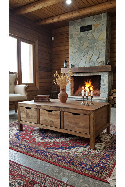 ViraHome Ahşap ve Metal Dekorasyon Winchester Masif Ahşap Çekmeceli Orta Sehpa