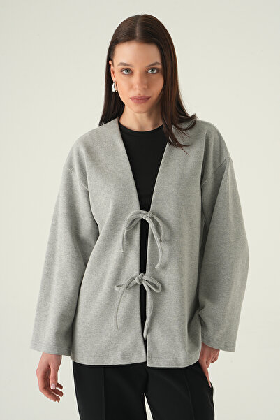 Rays Kimono lung gri față cu detaliu cu șnur 3072A