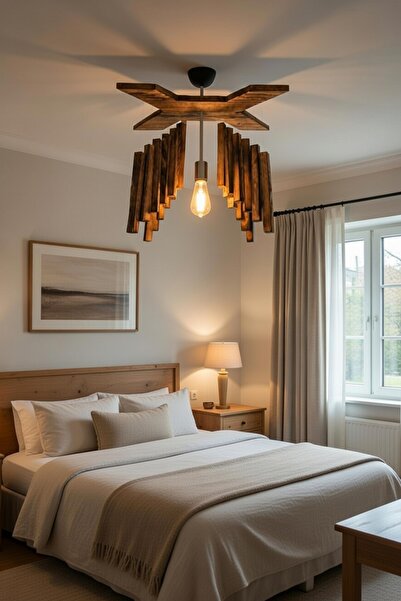 Tahta Kurdu Piramit Ahşap Avize Rustik Aydınlatma