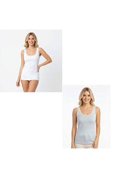 BONBON Women's cotton lace trim tank top 2-pack with thick straps bb2162