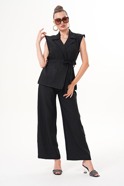 ŞİMAL Women's Jacket Collar Vest Set Linen Suit with Trousers 260014 -