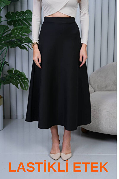 FEVİLLE Fusta evazată pentru femei, NEAGRĂ, cu talie elastică, Puff Scuba Tes...