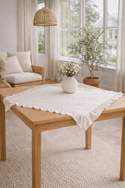 ÇIQRIK HOME Fırfırlı Keten Runner Fırfırlı Fiskos Örtüsü Fırfırlı Masa Örtüsü