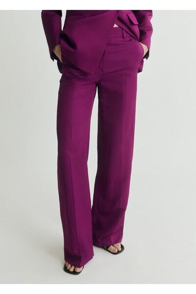 MANGO Woman Düz kesim keten karışımı pantolon