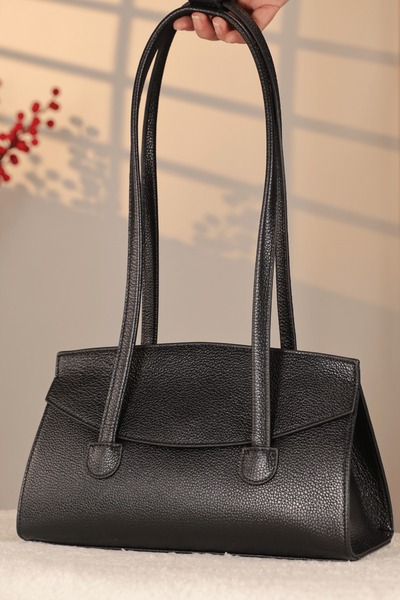 Aksesuarlia Black Shoulder Bag - 40451 Long Strap, Genuine Leather