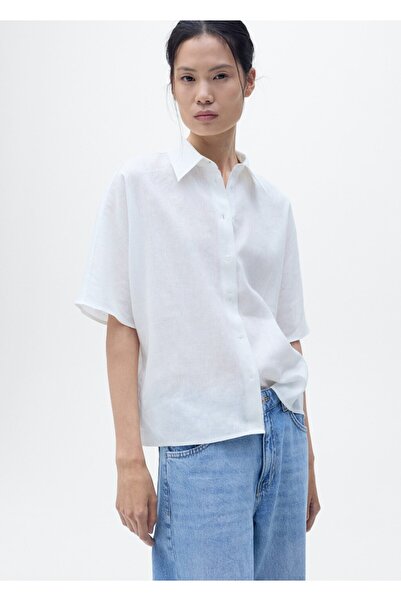 MANGO Woman Keten karışımlı kısa kollu gömlek