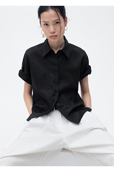 MANGO Woman Keten karışımlı kısa kollu gömlek