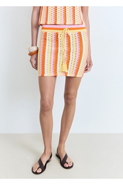 MANGO Woman İki renkli çizgili kroşe etek