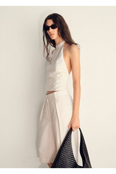 MANGO Woman Çizgili keten karışımlı askılı bluz