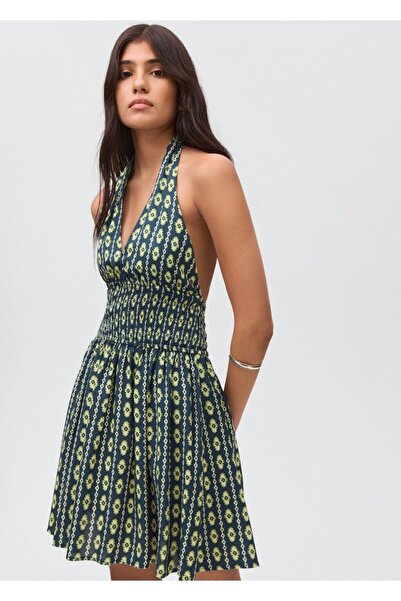 Mango Teen Desenli halter yaka uzun elbise