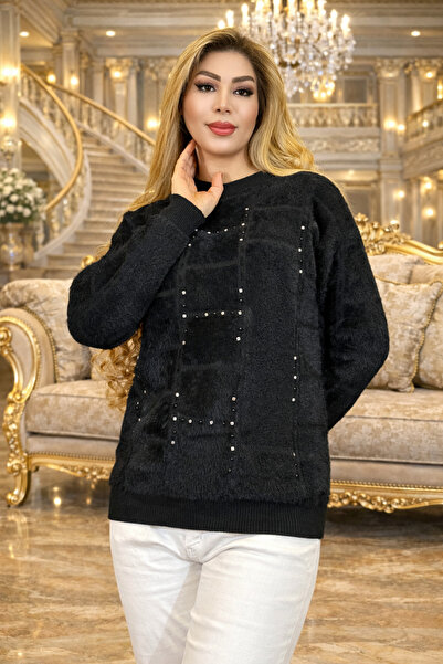 Yeşilmoda بلوزة صوف مطرزة ليكرا Yeşilmoda باللون البني والأسود