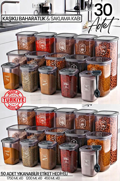 Kitchen Life مجموعة مكونة من 30 حاوية تخزين طعام مربعة الشكل ووعاء توابل مع م...