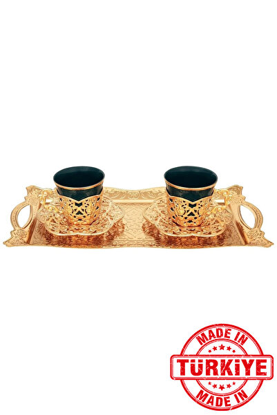 FARİKA طقم تقديم قهوة دورو الخضراء لشخصين مع صينية (ذهبي) (صنع في تركيا)