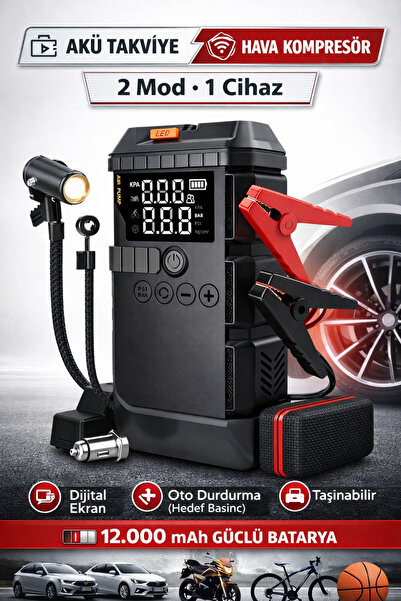 Zineets Pro Taşınabilir Dijital Göstergeli Araç Lastik Sişirme Ve Araç Takviy...