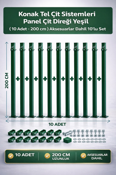 Konak Tel Çit Aksaray 10 Adet Bahçe Panel Çit Direği 200 cm Aksesuarlar Dahil