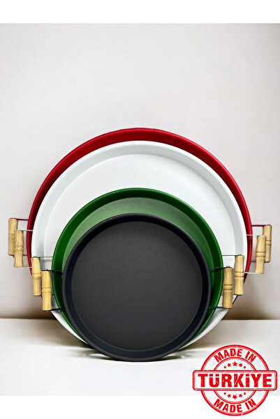 kitchen trend طقم صواني معدنية مكون من 4 قطع بمقابض خشبية - 51 أحمر، 45 أبيض،...