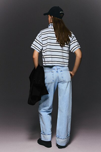 Bershka Straight fit yüksek bel geniş paça katlamalı jean