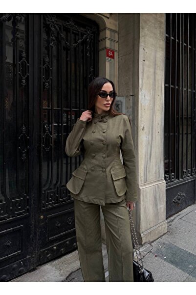 Julidress Jachetă și pantaloni verde kaki cu detalii cu nasturi, set premium ...