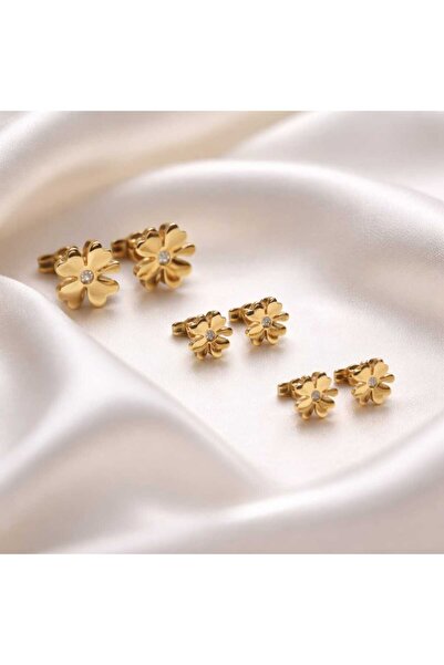 Takıparkxs Vip Çelik 24 Ayar Altın Kaplama 5-7-9mm Yonca Zirkon Taşlı 3 Çift ...