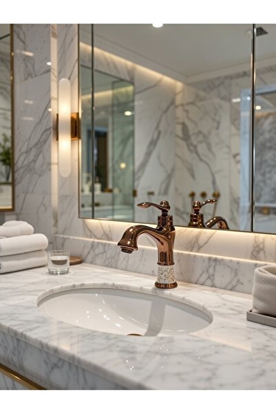 EMFA AKSESUAR صنبور حوض غسيل من النحاس والبورسلين - تصميم عصري بلون الذهب الوردي