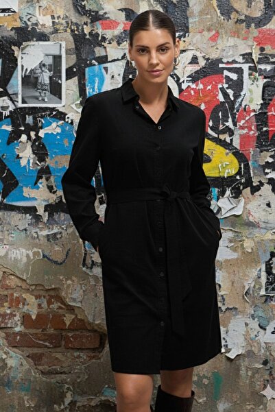 MAG FASHİON Velvet Black Dress Slim F Corded Fabric Black Shirt Dress Italian...