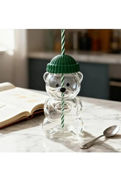 NEWSTORE HOME Barista Glass Cup with Straw Cold Drink Cup Teddy Bear Cup 500 ml