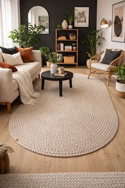 Home Oval Saç Örgü Desenli Kaymaz Taban Dekoratif Halı Kilim Paspas