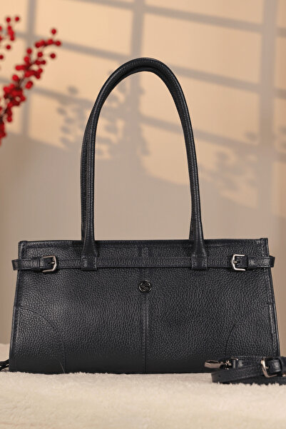 Aksesuarlia Navy Blue Genuine Leather Shoulder Bag - Adjustable Shoulder Stra...