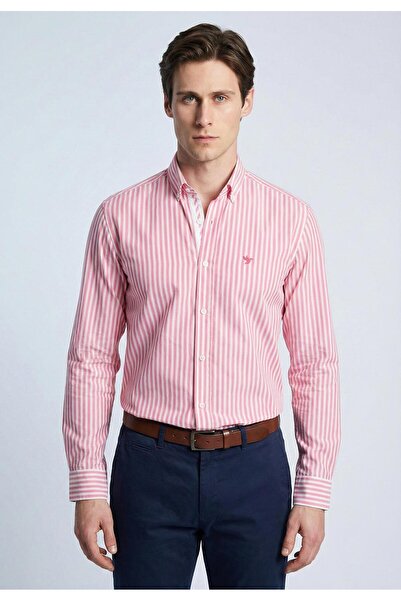 Felix Hardy قميص رجالي مخطط بأكمام طويلة - وردي