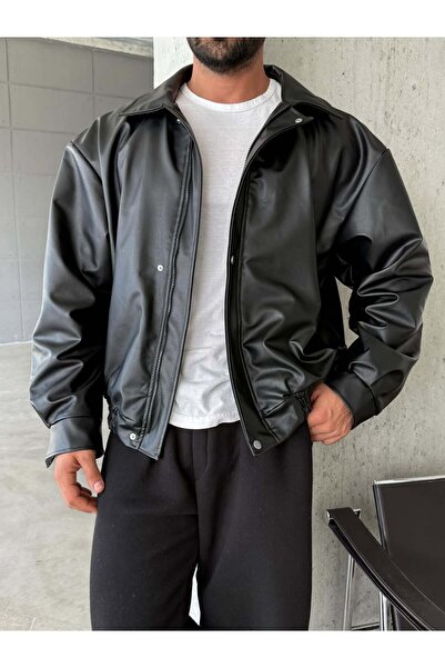 DOPPİO'N DENİM Erkek Siyah Oversize Vintage Deri Ceket