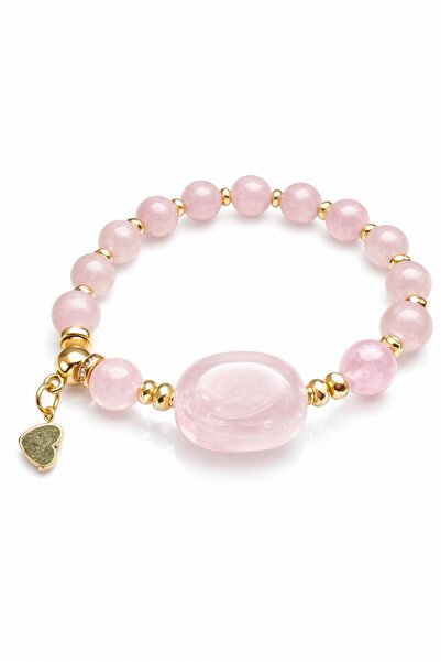 Gift Selections Pembe Kuvars İri Göbek Taşlı , Hematit Gold Kalp , Kişiye Öze...