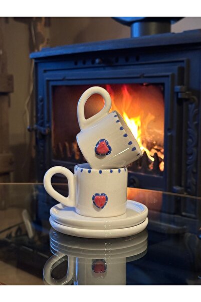 Store El Yapımı Seramik 2 Kişilik Kalpli Türk Kahvesi Fincanı