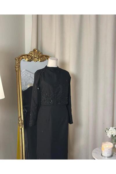 vanus fashion 5674 -فستان سهرة أسود بتفاصيل راقية