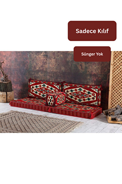 BAKIRÖZÜ HOME Şark Köşesi Takımı | 4 Parça Yörük Kırmızı Boş Kılıf ( Süngersiz)