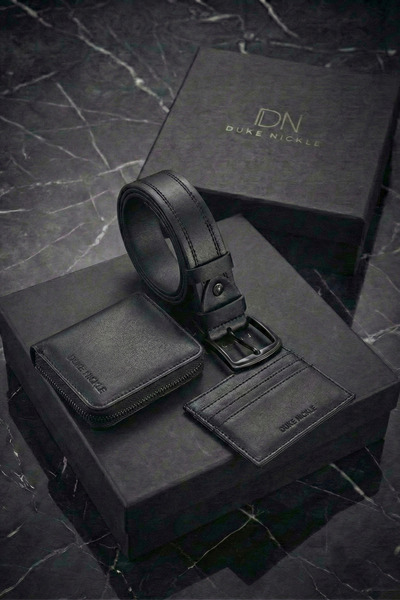 Duke Nickle Erkek Siyah Vegan Deri Klasik Cüzdan, Kemer Ve Kartlık Seti – Kut...