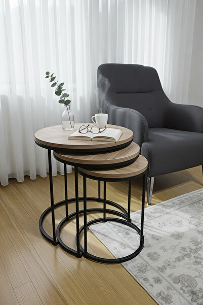 usta mekan 3'lü Siyah Ayak Antik Çam Tabla Zigon Servis Salon Sehpa