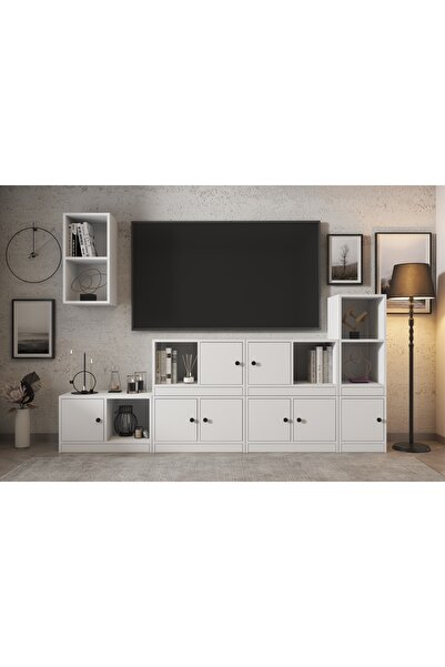 Nettrends Duvar Kitaplıklı Sekiz Kapaklı Raflı Tv Ünitesi Beyaz 228 Cm Çıtası...