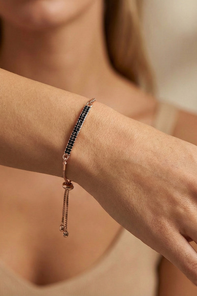 Duke Nickle Kadın Rose Zirkon Siyah Taşlı Asansörlü Boncuklu Ayarlanabilir Bi...