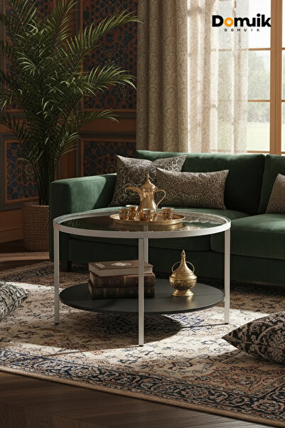 Domuik طاولة قهوة زجاجية ذات طبقتين، طاولة مركزية مستديرة كبيرة