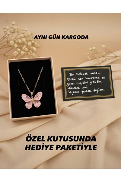BEREN KILIÇ Gold Pink Butterfly Steel Necklace 45 cm Gift for a Friend or Lover