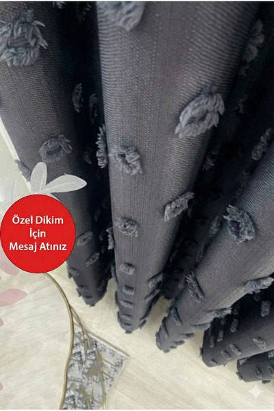 Perde Pendik Fon Perde Antrasit Pufy Püsküllü, Ponponlu, Perde Sık Pileli Ket...